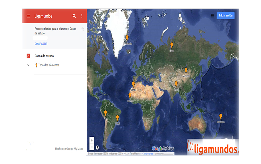 Mapa coa ubicación dos casos de estudo  propostos no Proxecto Ligamundos